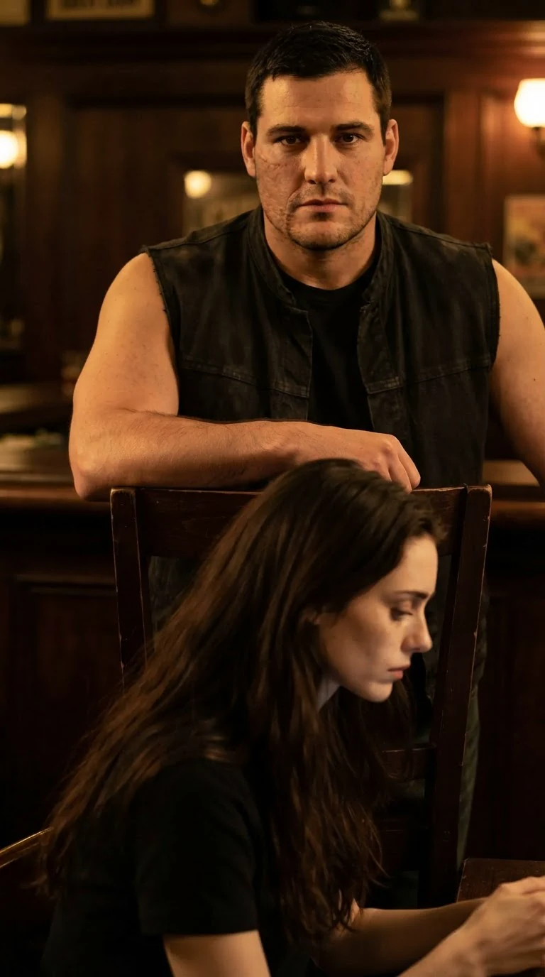 Garrick stands behind Corrie's chair with his knuckles resting near her shoulder.