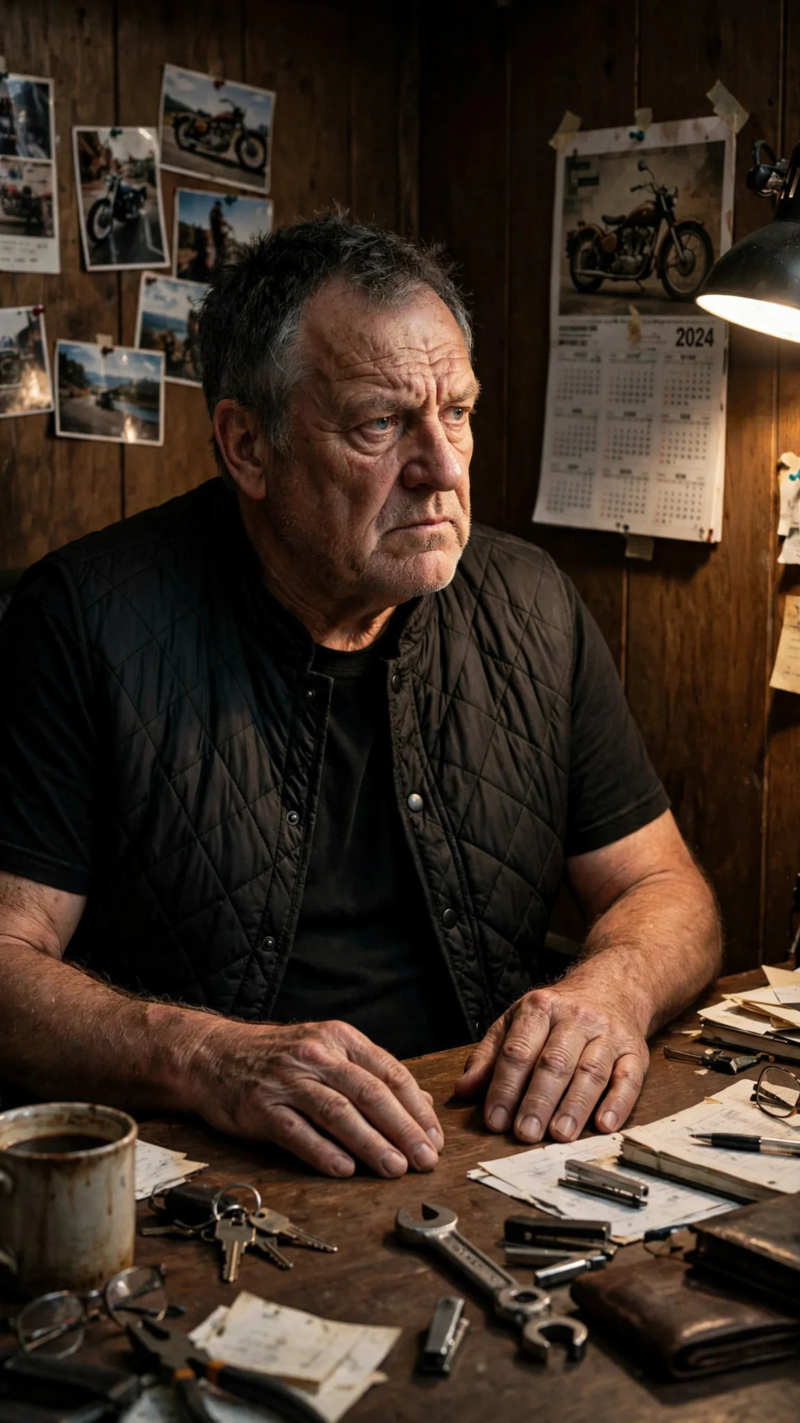 Kemp sits behind his desk, his hands flat on the wood, his face gray and old under the lamp.