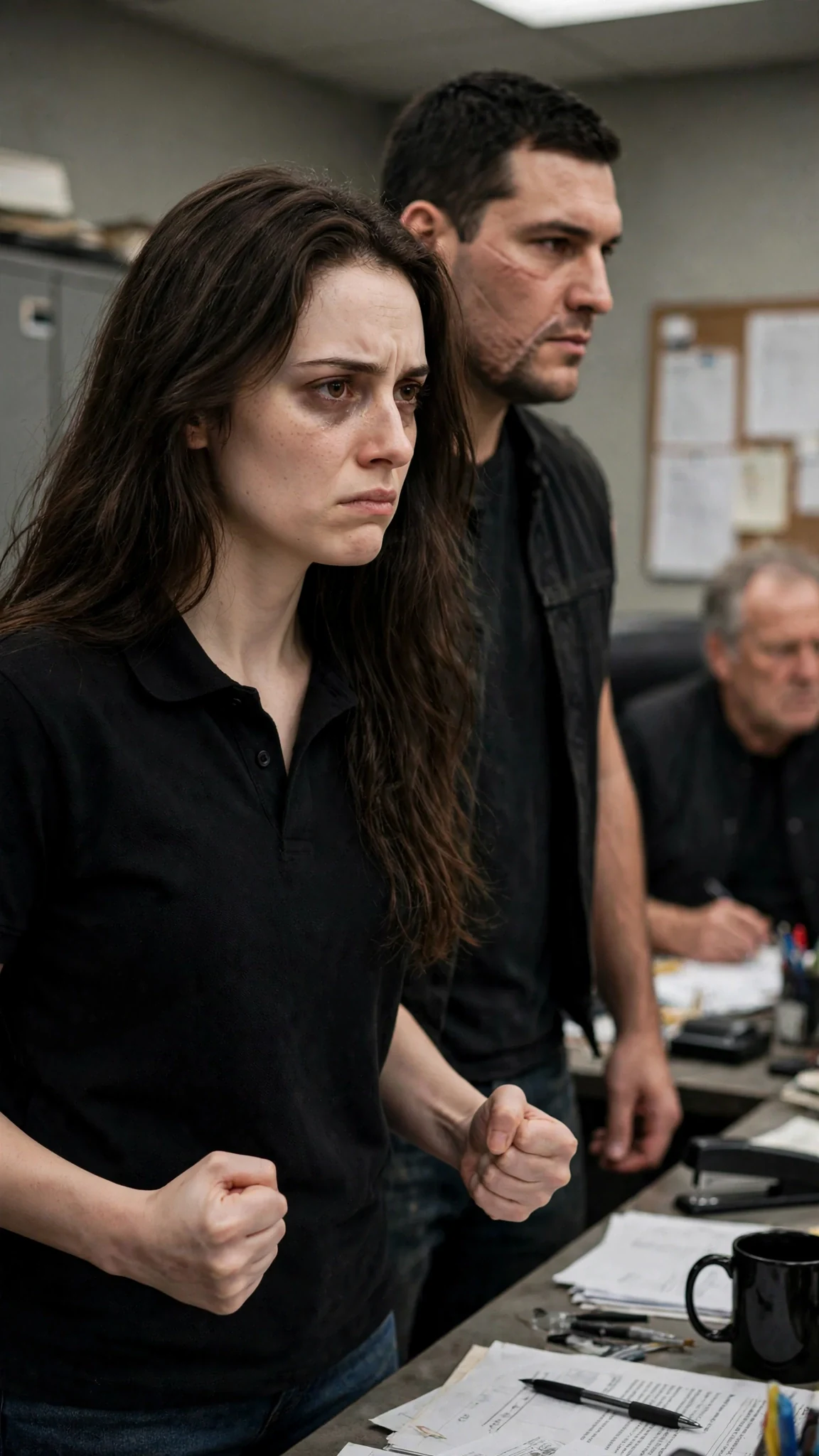 Corrie stands rigid in front of the desk, her fists at her sides, fury and grief fighting on her face.