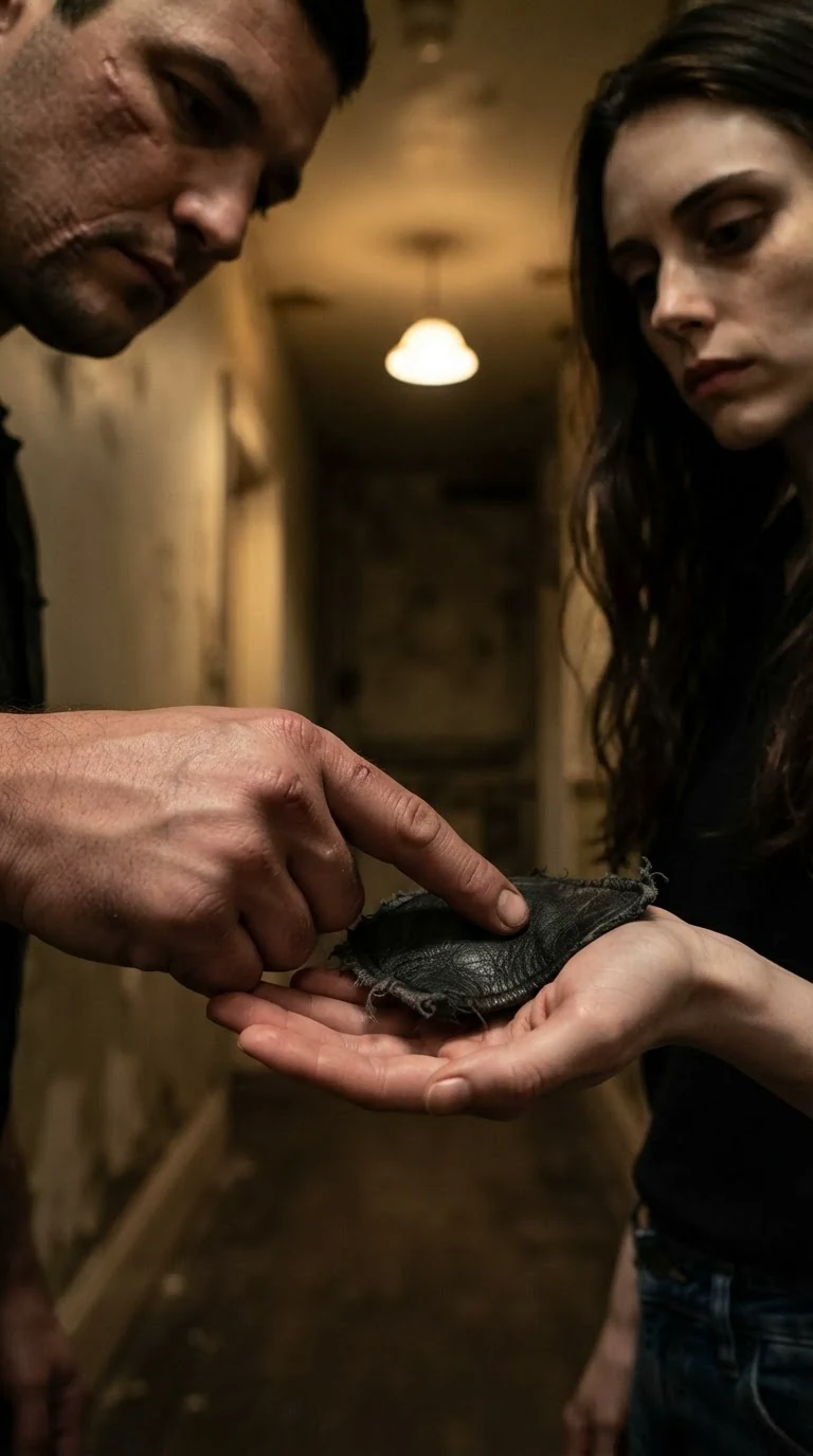 Garrick's thumb touches the edge of the patch in Corrie's hand, a small deliberate touch.