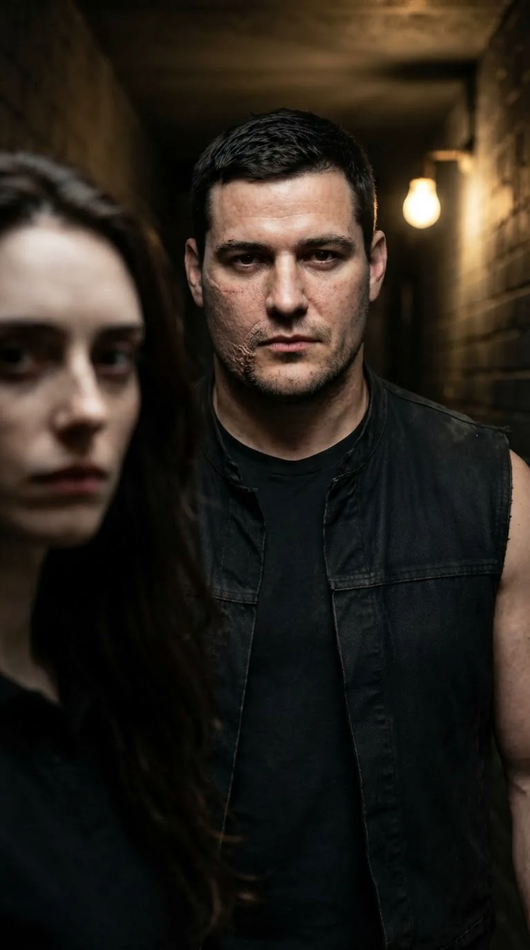 Garrick's face close and hard as he answers, the hallway bulb behind his shoulder.