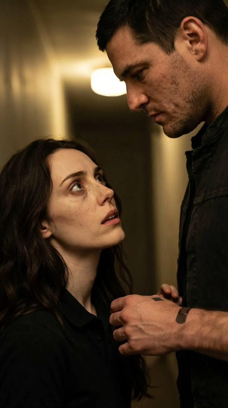 Corrie looks up at Garrick, her eyes hot and confused, their faces very close.