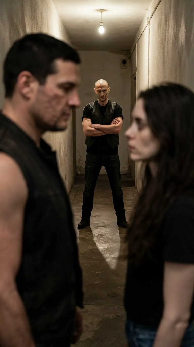 Cutter appears at the end of the hall, watching them, a cold smile on his hard face.