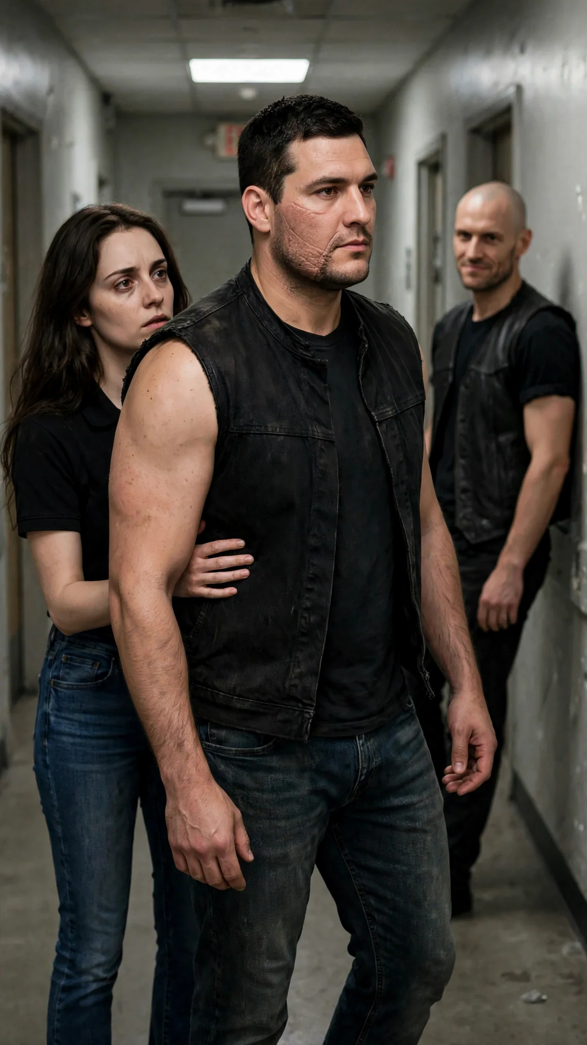 Garrick pulls Corrie behind him, his body a shield between her and Cutter, tension in every line.