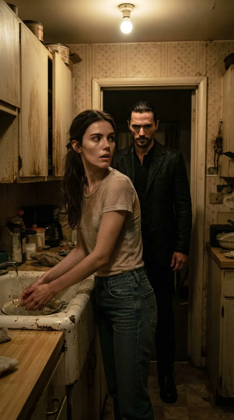 A young woman at a kitchen sink turns toward a man in a dark jacket entering the room.
