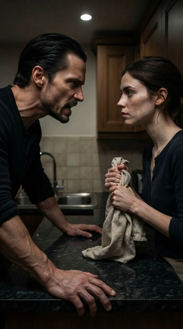 The man stands close, speaking, while the woman holds a dish towel and does not move back.
