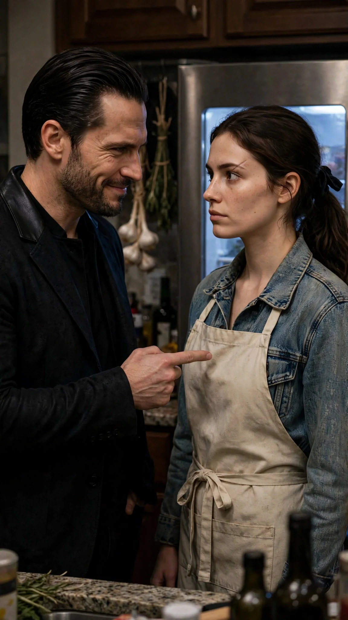 The woman's eyes go still and frightened as the man keeps talking, one finger pointing at her.