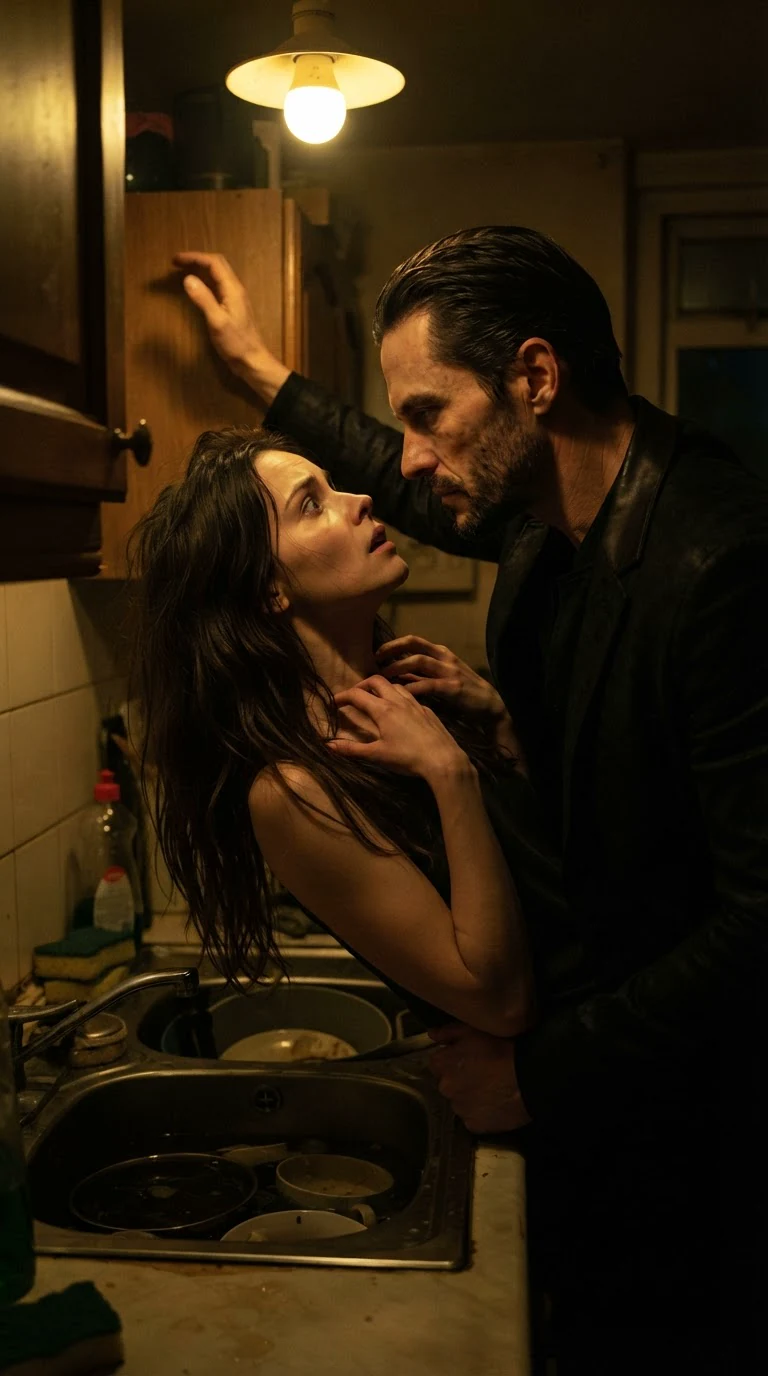The man's hand grabs a fistful of the woman's hair, yanking her head back.