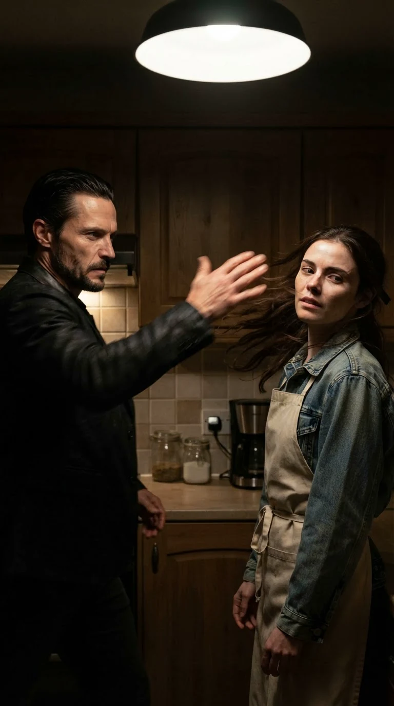 The man's open hand swings across the woman's face in a dim kitchen.