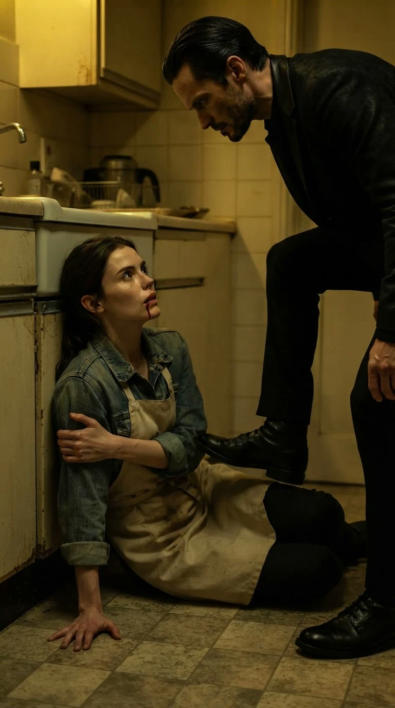The woman is on the floor with blood at her mouth, the man's boot raised above her.