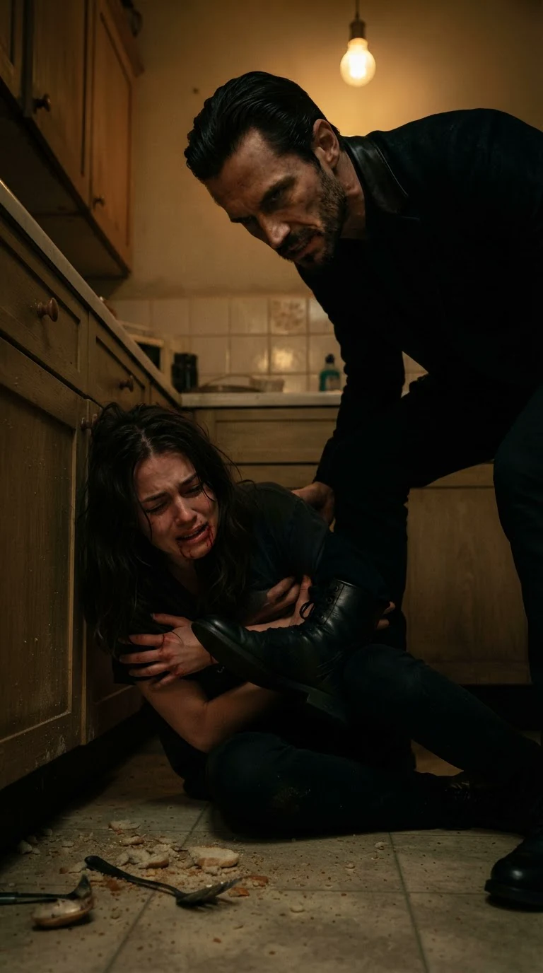 The man kicks the woman in the ribs while she curls on the kitchen floor.