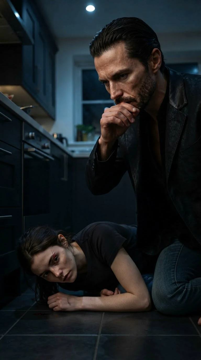 The man stands over the woman, breathing hard, wiping his mouth with the back of his hand.