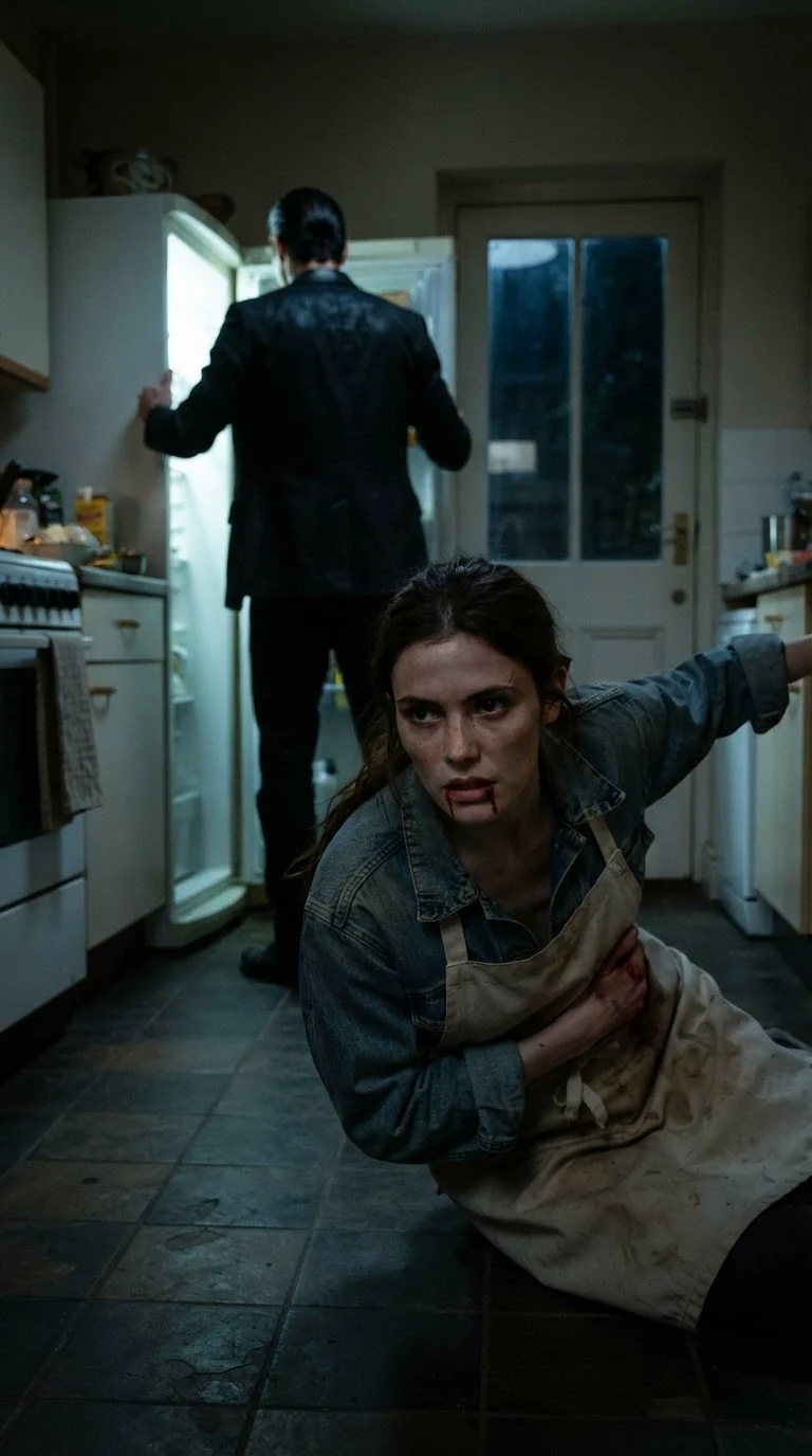 The woman crawls toward the back door while the man's back is turned at the refrigerator.