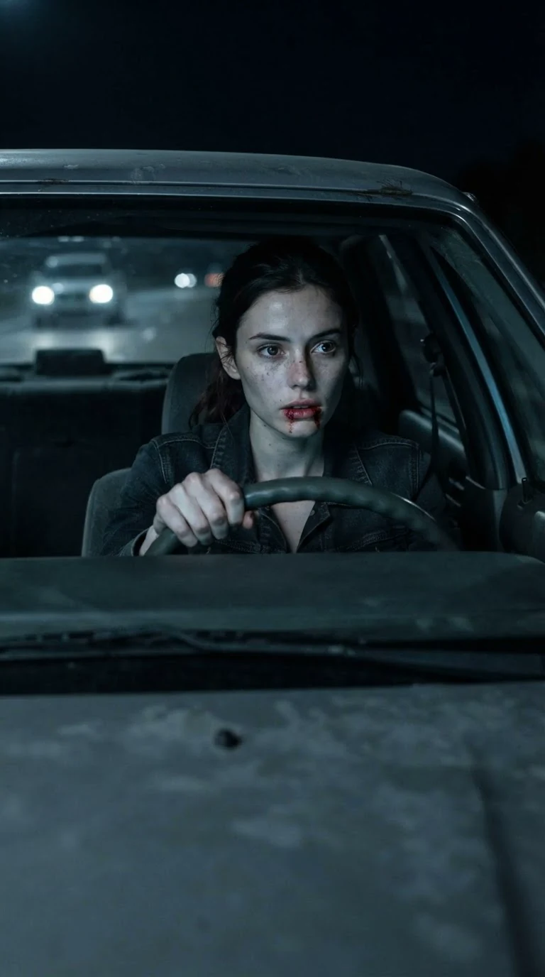 A woman drives a gray car on an empty highway at night, blood on her chin.