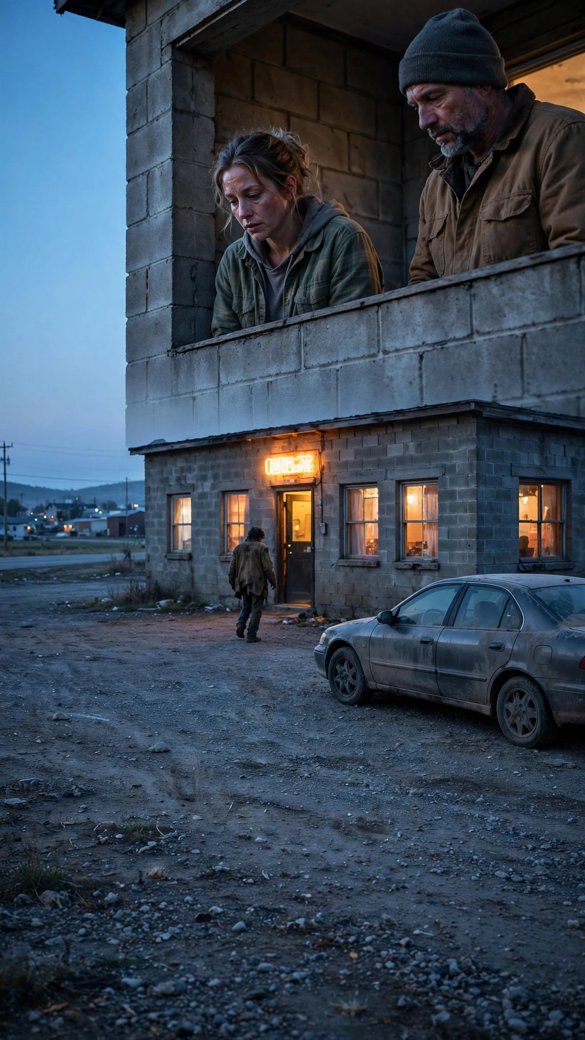 The roadhouse sign glowing at the edge of a dark road town, a gray car in the lot.