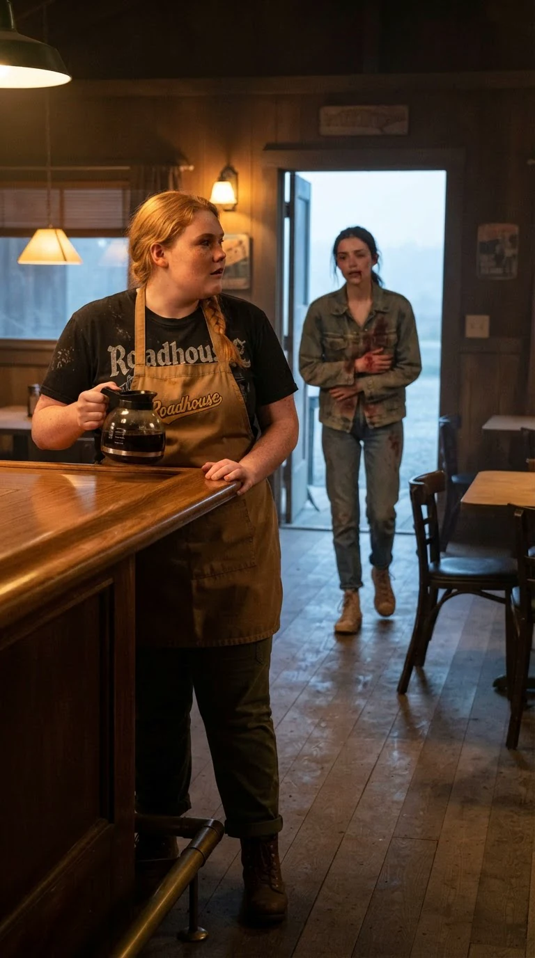 A strawberry-blonde waitress looks up sharply at a battered woman standing in the roadhouse doorway.