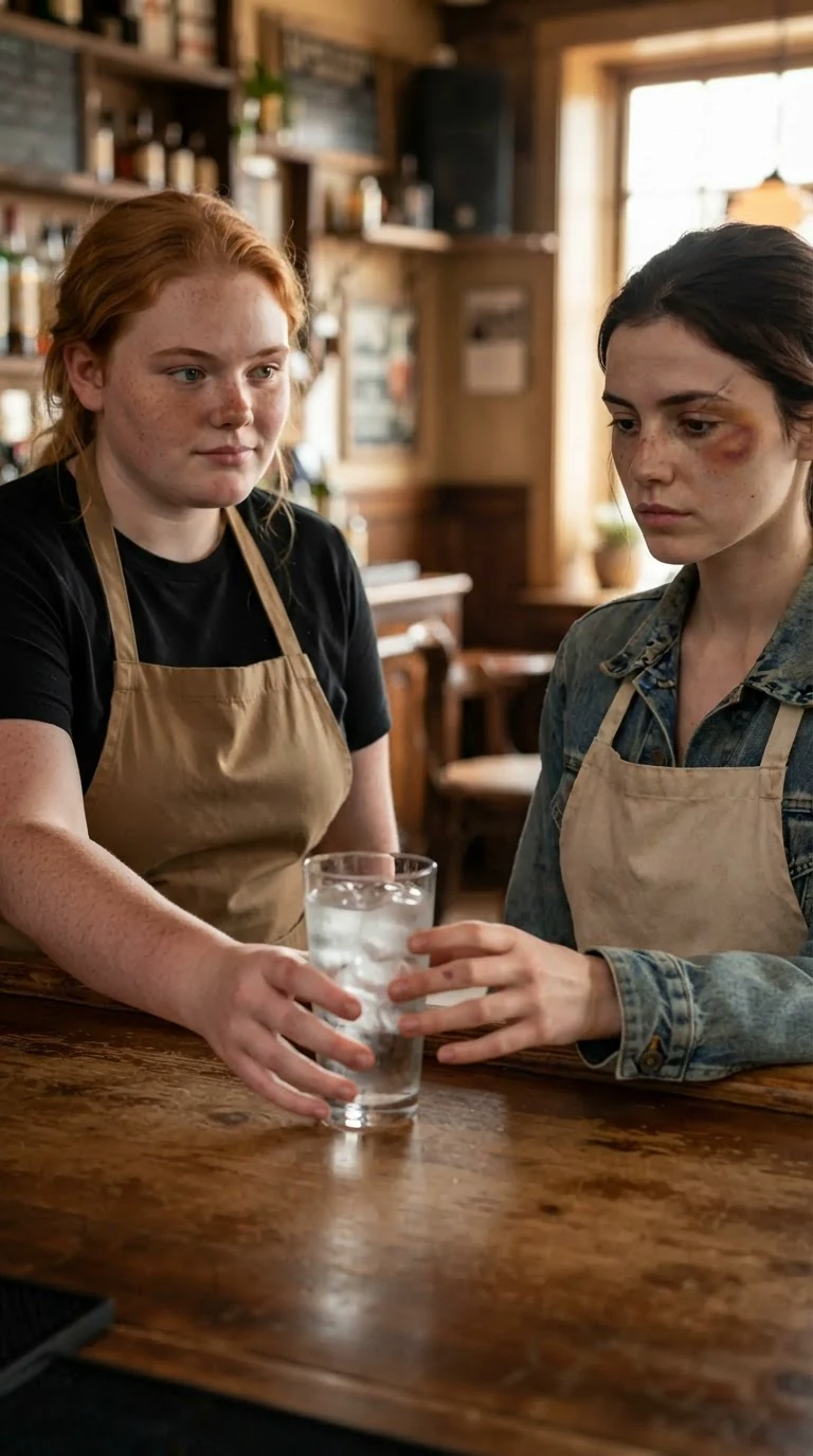The waitress sets a glass of water on the bar and pushes it toward the battered woman.