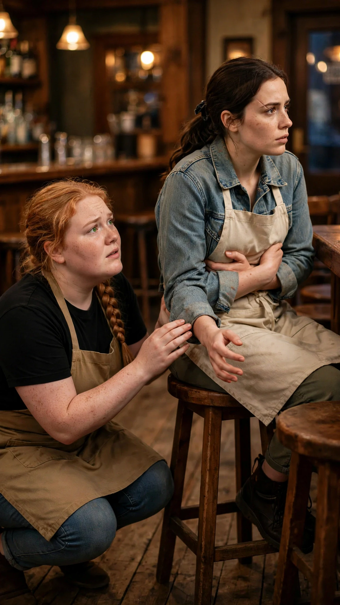 The waitress crouches by the barstool, looking up at the woman, hand hovering near her arm.