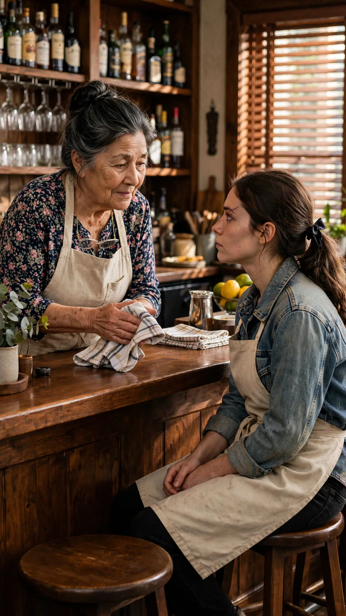 An older woman in a floral blouse and apron comes through the bar with her reading glasses on a chain.
