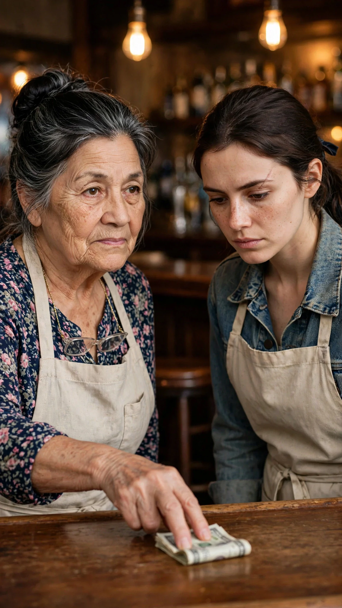 The older woman pulls folded bills from her apron pocket and sets them on the bar.