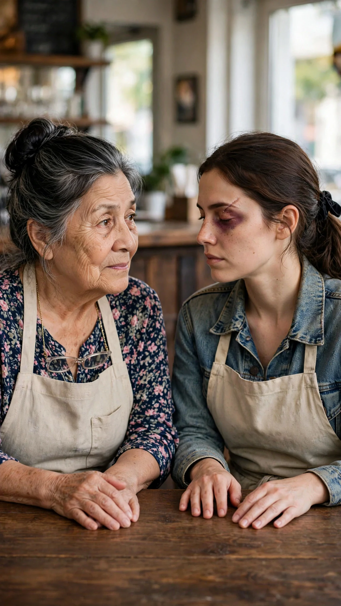 The older woman leans on the bar, eyebrows raised, the younger woman's hands flat on the wood.