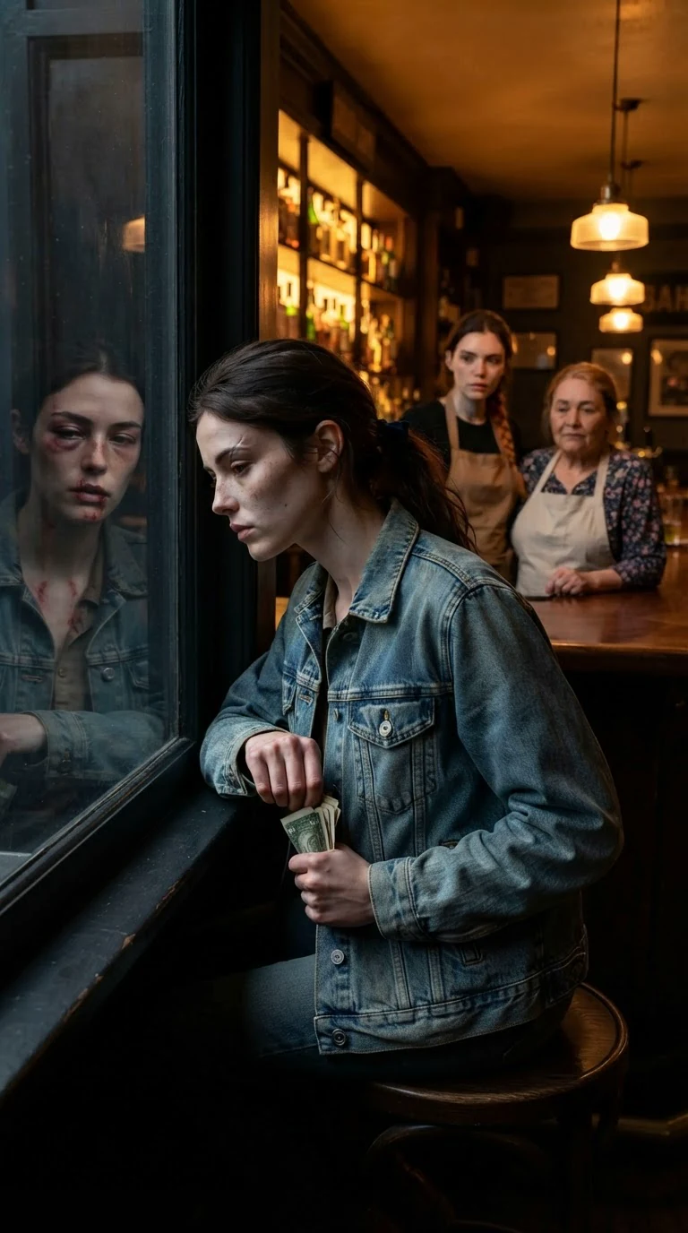 The woman pockets the cash and stares at her own reflection in a dark window.