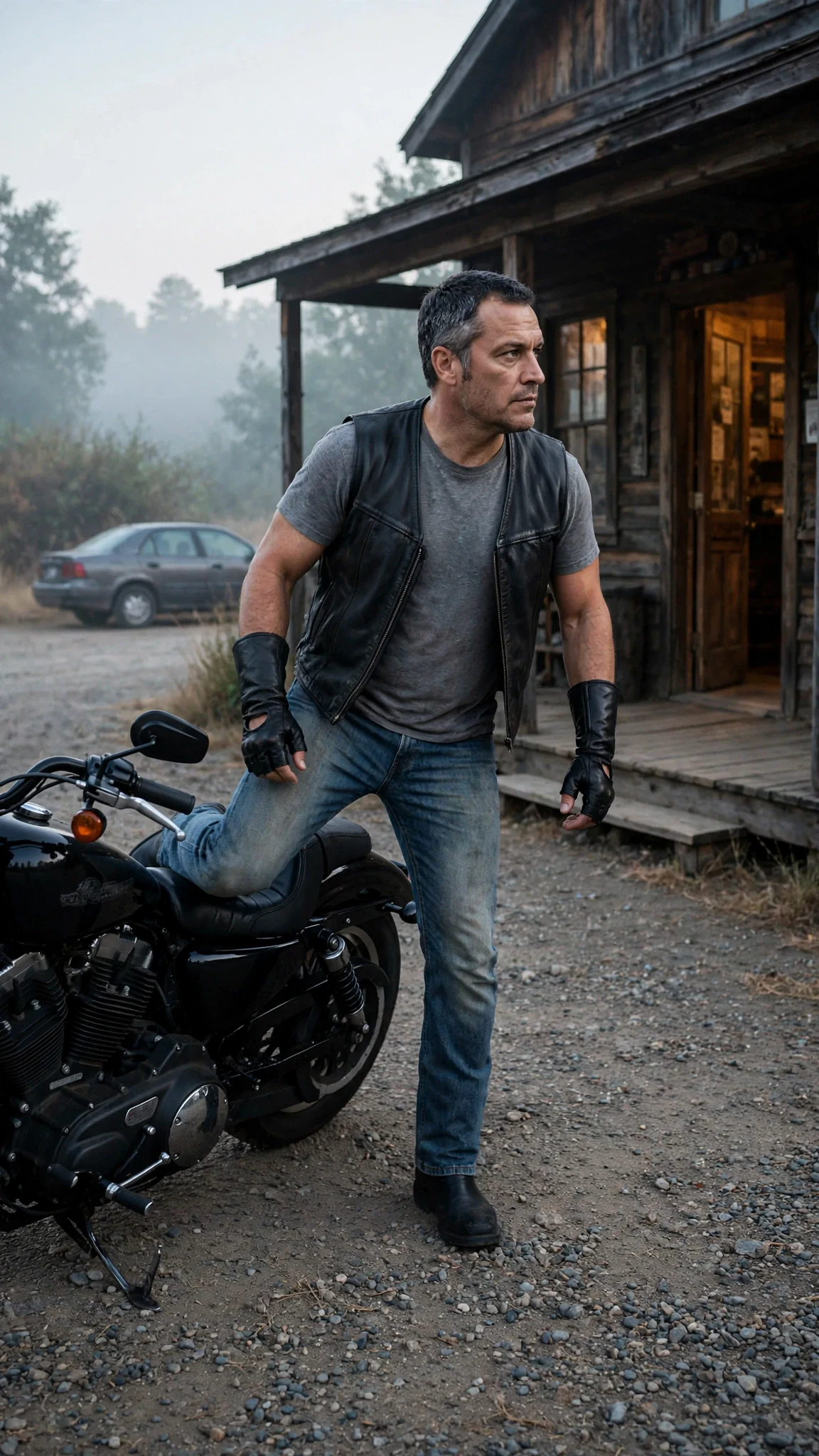 The roadhouse door from outside at dawn, a gray car and a black motorcycle parked near it.