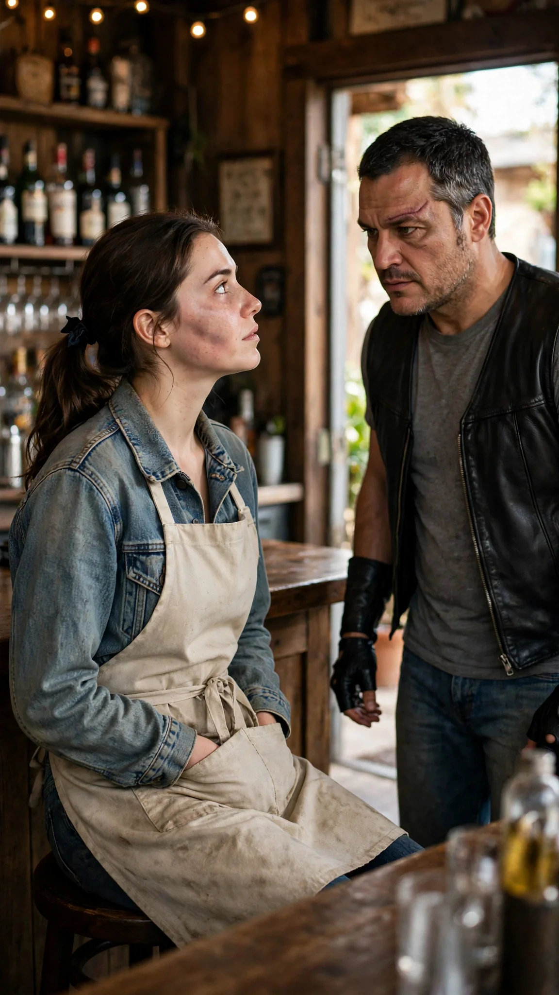 The woman at the bar straightens her spine as the man in the vest comes through the door.