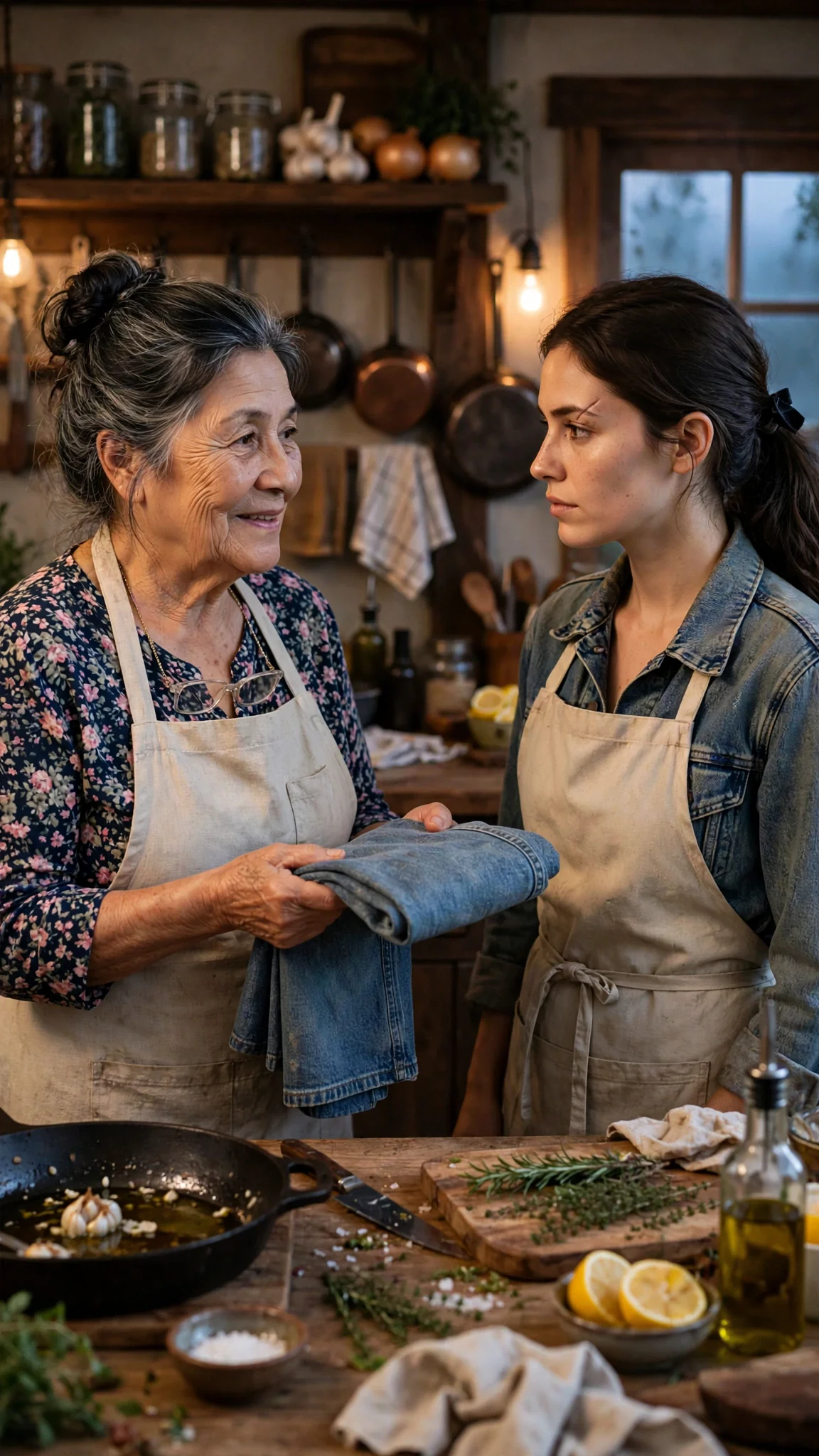 Opal hands a denim apron to Dahlia in the roadhouse kitchen at dawn.