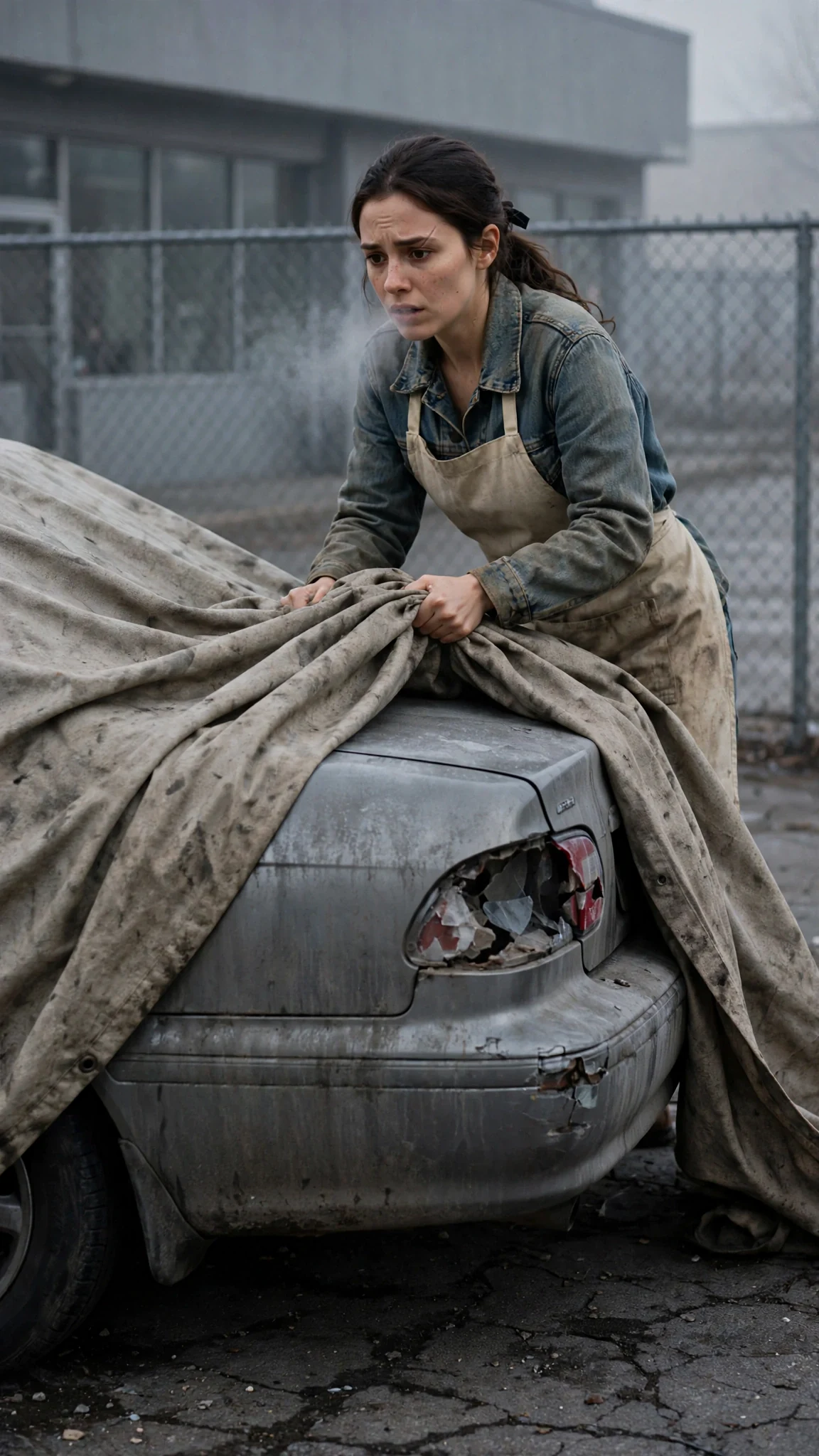 Dahlia drags a tarp over a gray sedan behind the laundromat at dawn.
