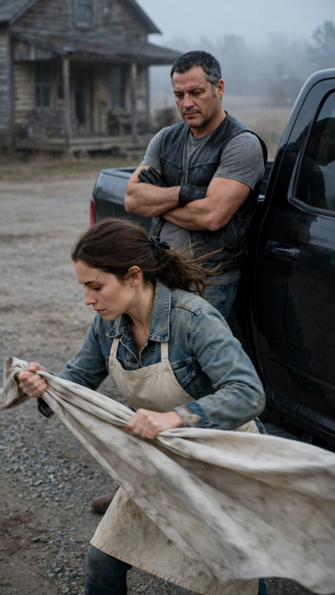Riggs leans on a black truck, arms crossed, watching Dahlia fight the tarp.