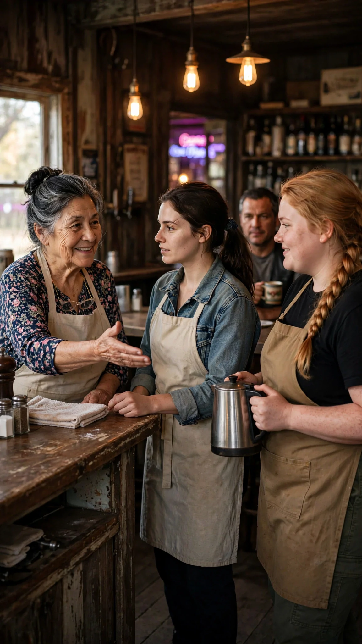 Opal behind the bar introduces Dana while Greta and Riggs listen.