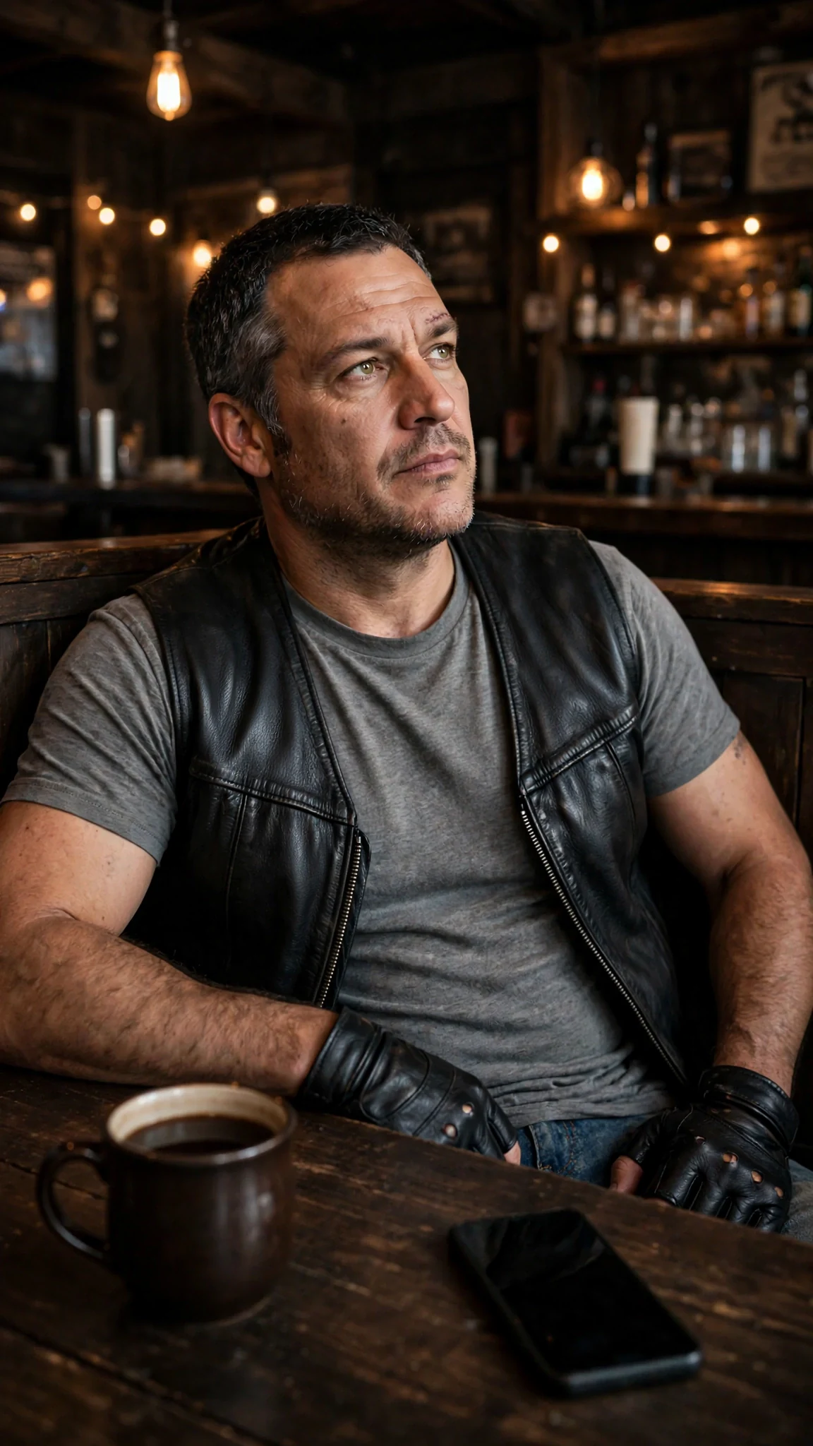 Riggs at the club table with his coffee, jaw set.