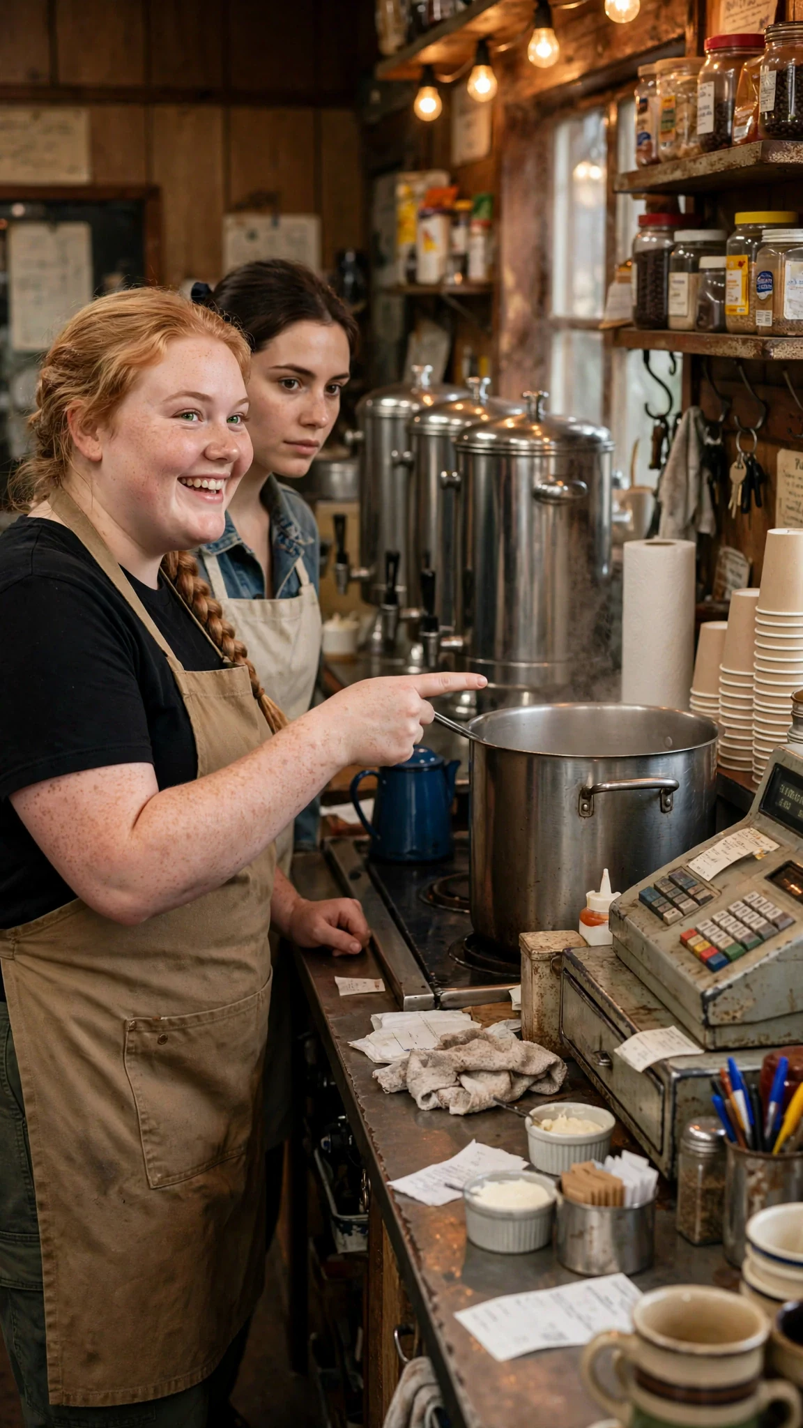 Greta shows Dahlia the coffee station.