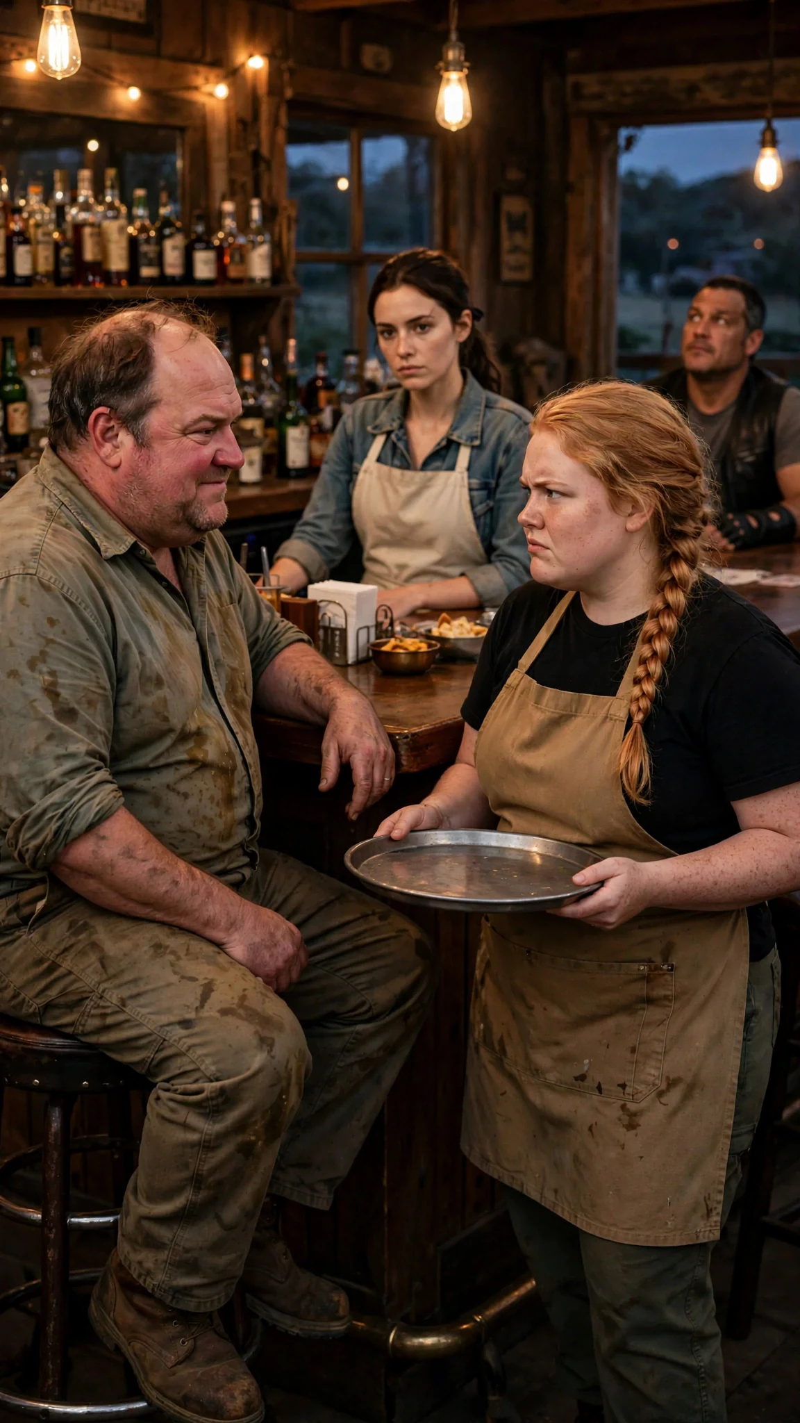 A heavyset trucker at the end of the bar stares at Dahlia while Greta snaps at him.