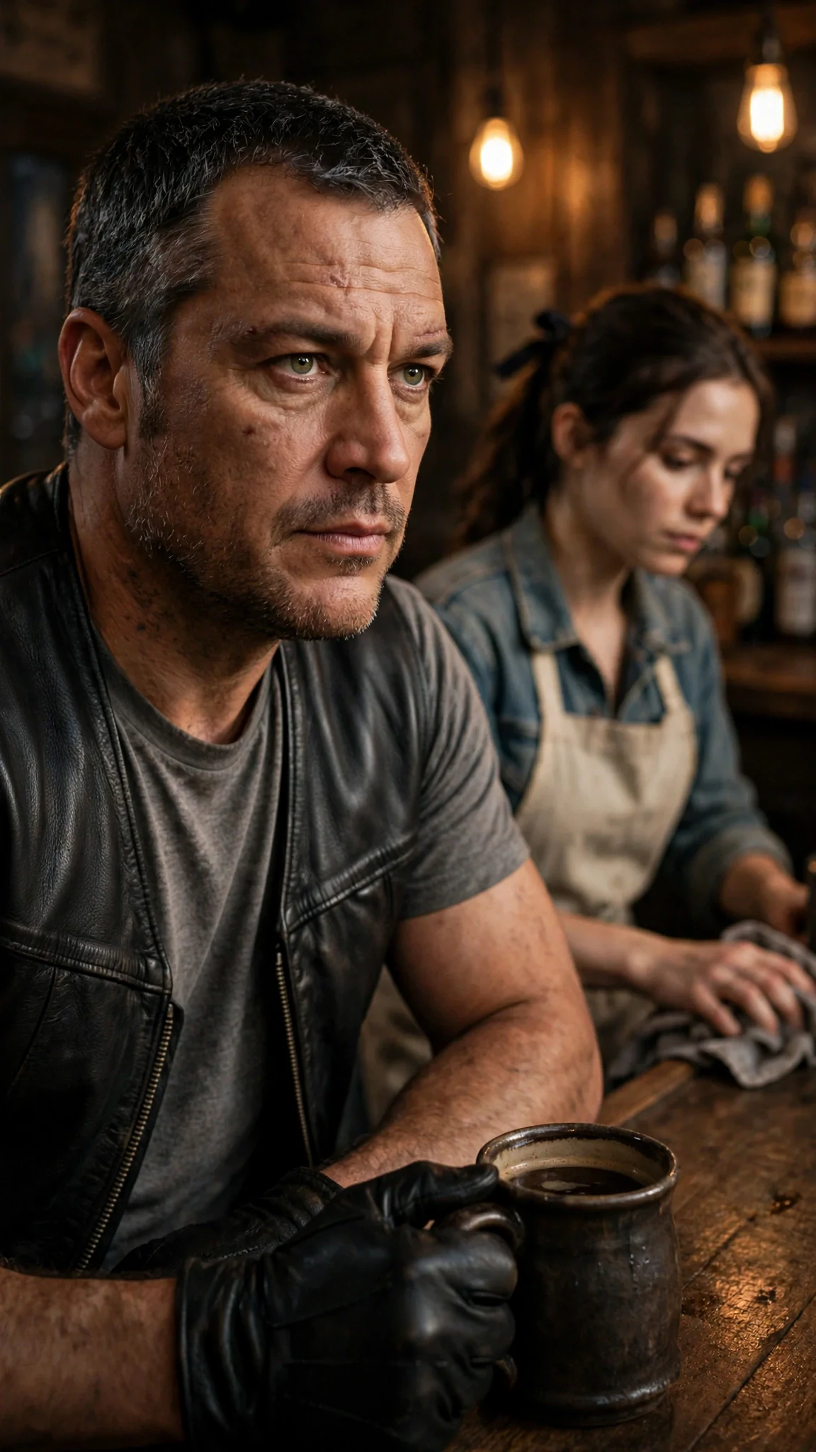Riggs watching Dahlia across the dim roadhouse.