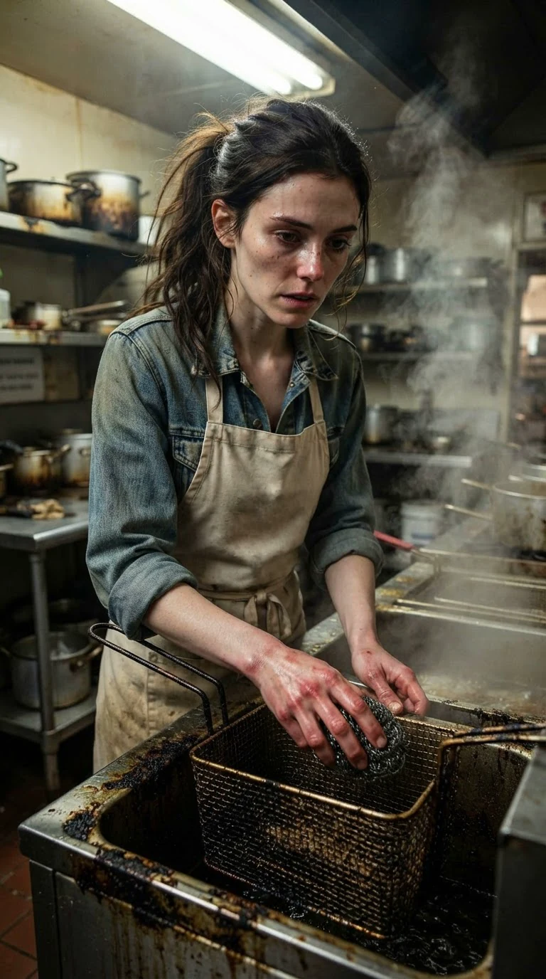 Dahlia scrubs the fryer, jaw tight, hands raw.
