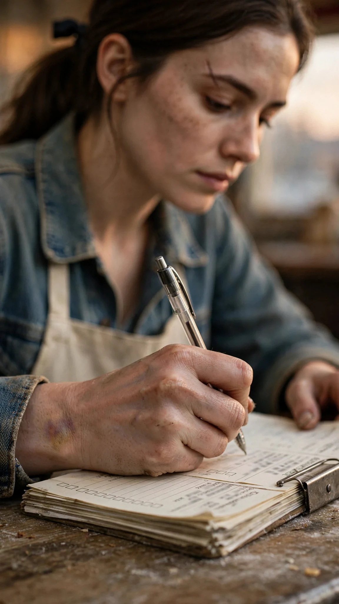 Close on Dahlia's hand writing on an order ticket.