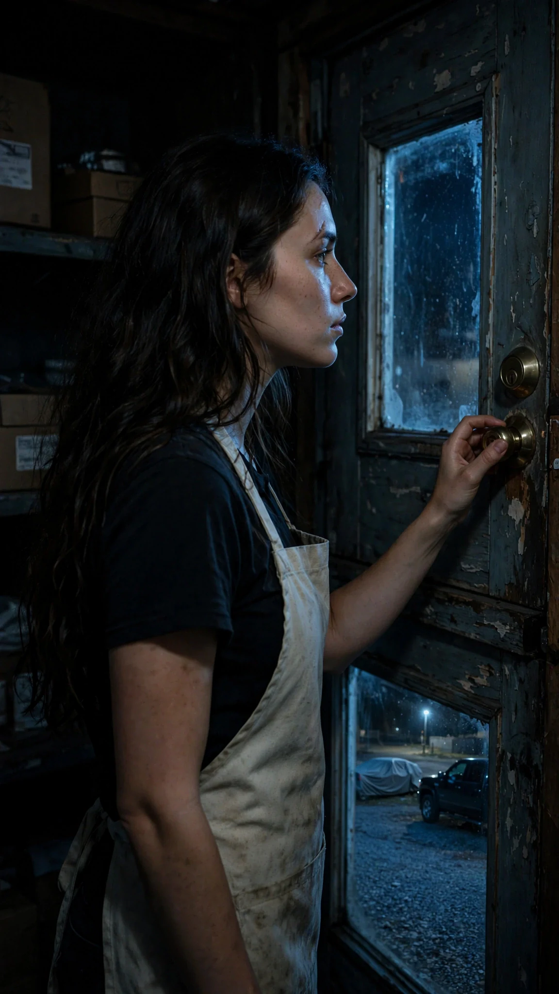 Dahlia's hand on the storeroom lock, the lot and black truck below.