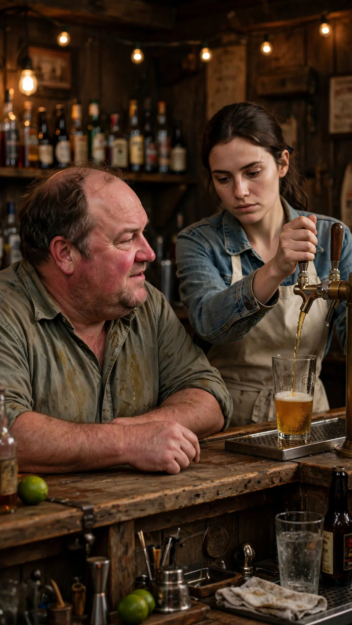 A heavyset drunk man in a beer-stained shirt leans at the end of a bar while a wary young waitress pours.
