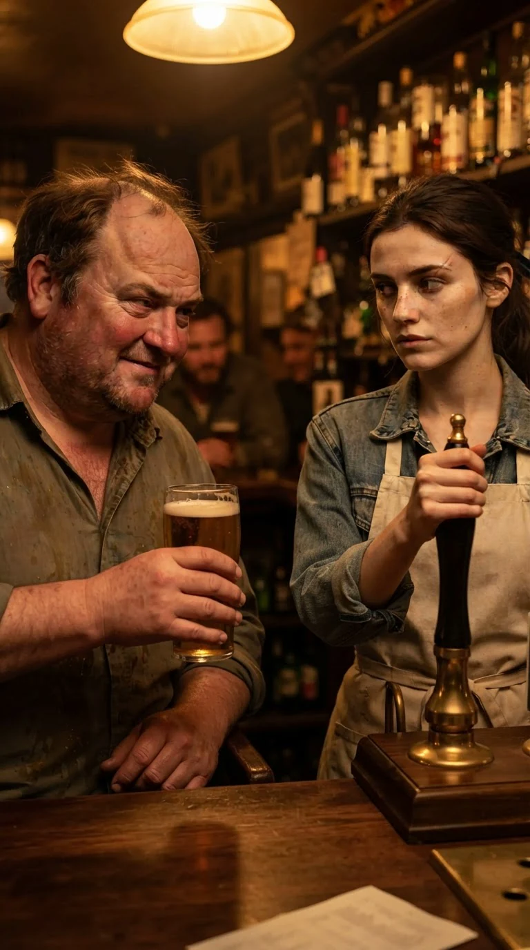 The drunk man smirks at the waitress, who stares back unimpressed.
