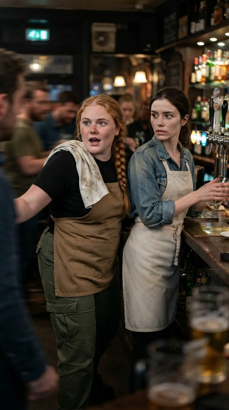 A freckled strawberry-blonde waitress in a band tee mutters to the brunette behind the bar.