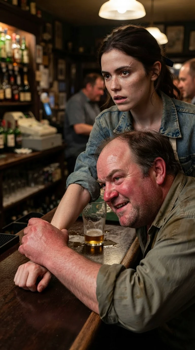 The drunk man's thick fingers clamp around the waitress's wrist across the bar top.
