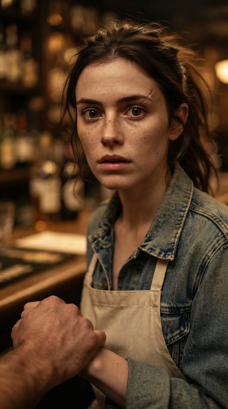 The brunette waitress freezes, eyes far away, her captured wrist trembling.