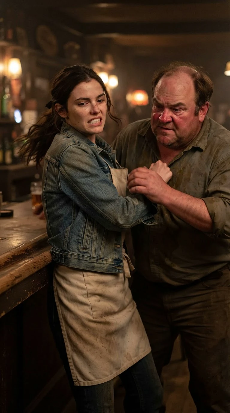 The waitress snaps her arm back as the drunk yanks, her hip hitting the bar.
