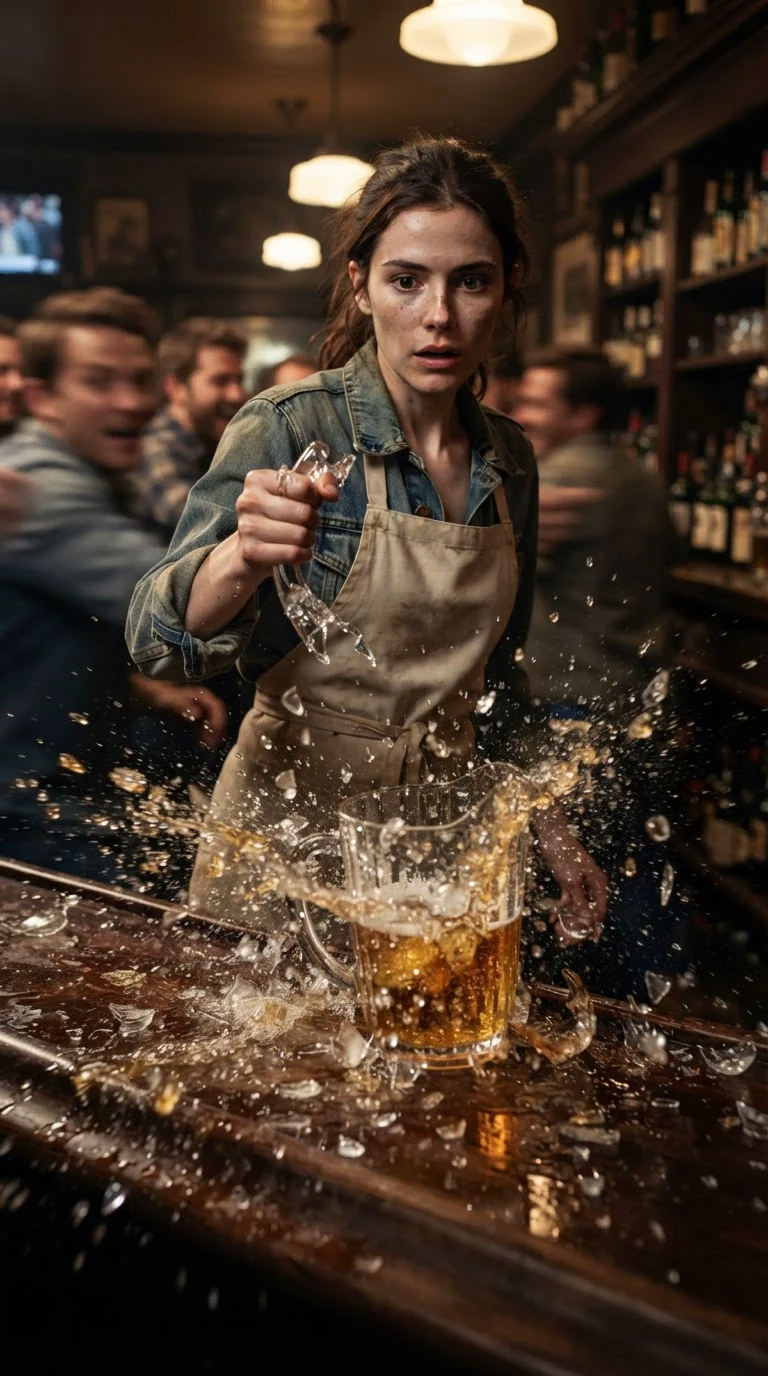 Glass bursts, beer spraying, the waitress left holding a jagged handle.