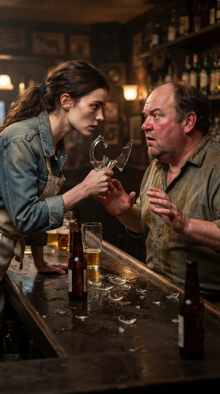 The waitress points the broken bottle handle at the drunk man's chest.