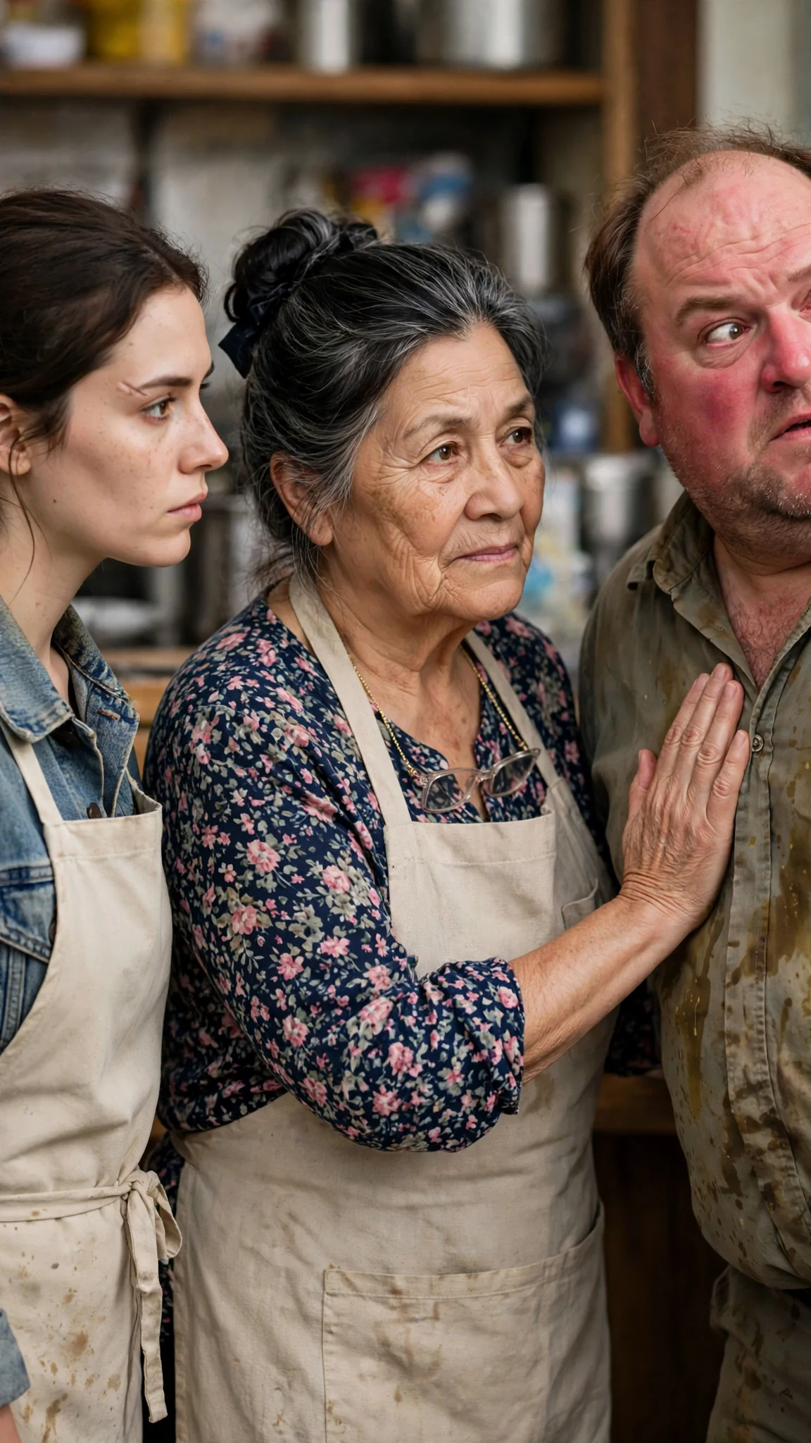 A small solid older woman in a floral blouse steps between the waitress and the drunk.