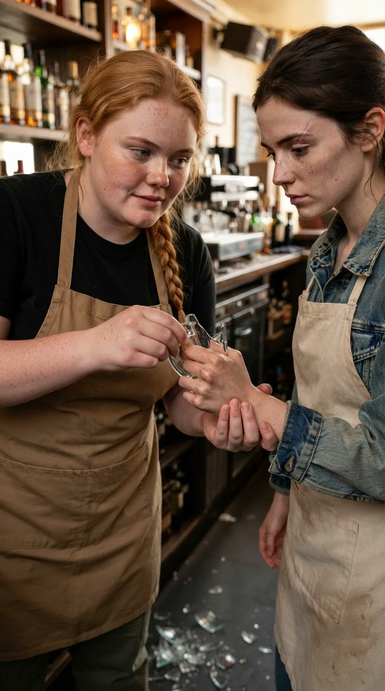 The strawberry-blonde waitress eases the broken handle from the brunette's fist.