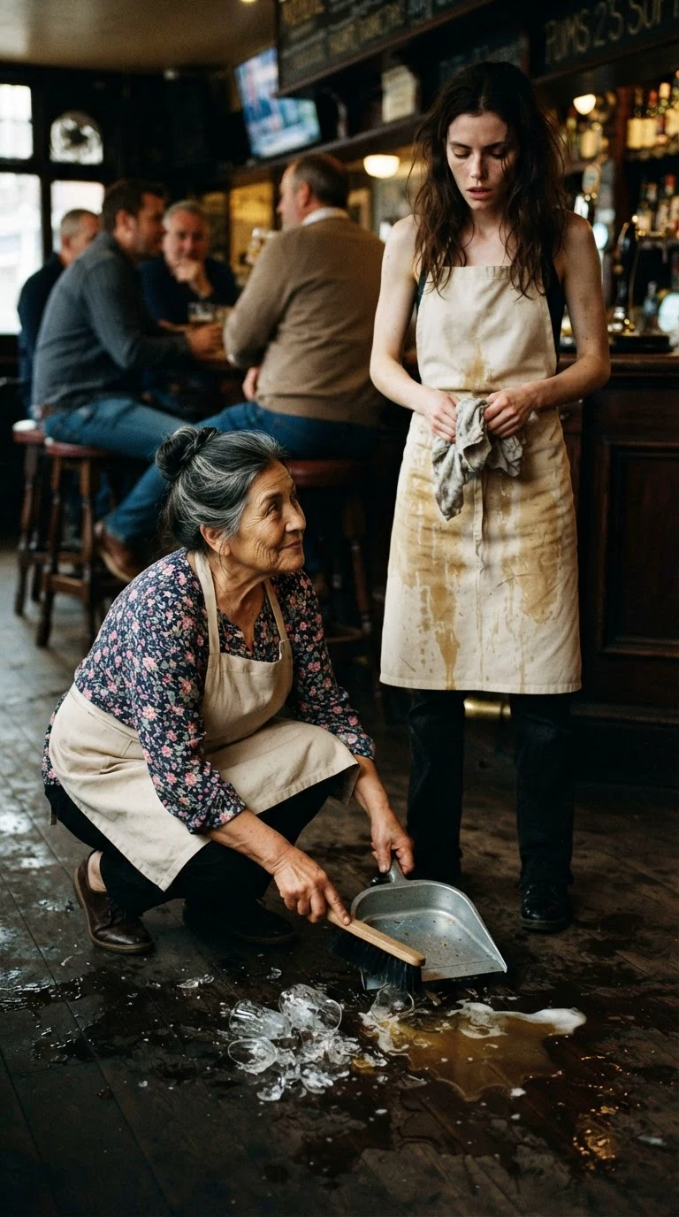 The older woman sweeps up broken glass while the brunette watches her.